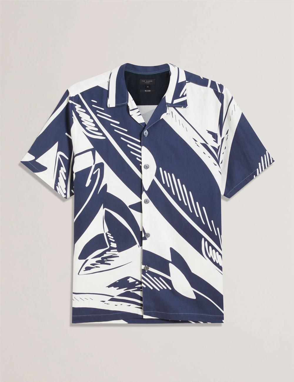 Ted Baker HEUKELS - Short Sleeve Relaxed Fish Print Men Casual Shirts Mid-Navy | UAE  81305-AXMS