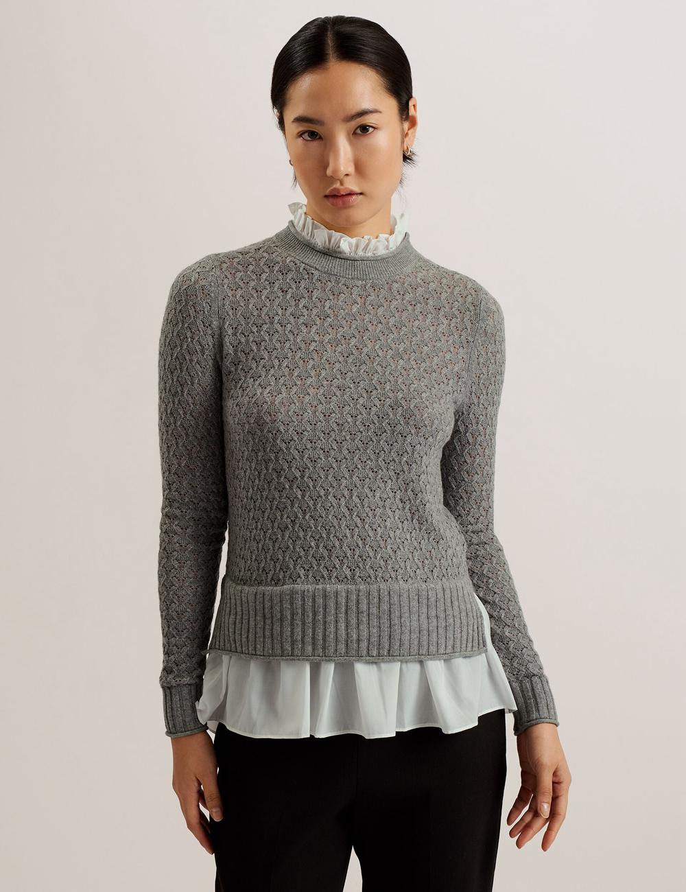 Ted Baker HOLINAS - Pointelle Knit With Shirt Hem Women Jumpers Grey | UAE  19638-ZIRB
