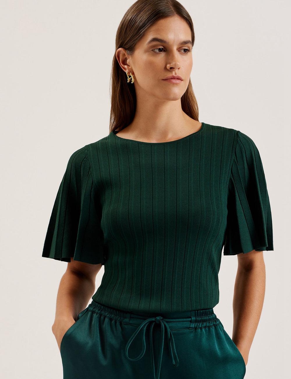 Ted Baker IIVANNA - Ribbed Knit Top With Fluted Short Sleeves Women Jumpers Dk-Green | UAE  53726-HCJM
