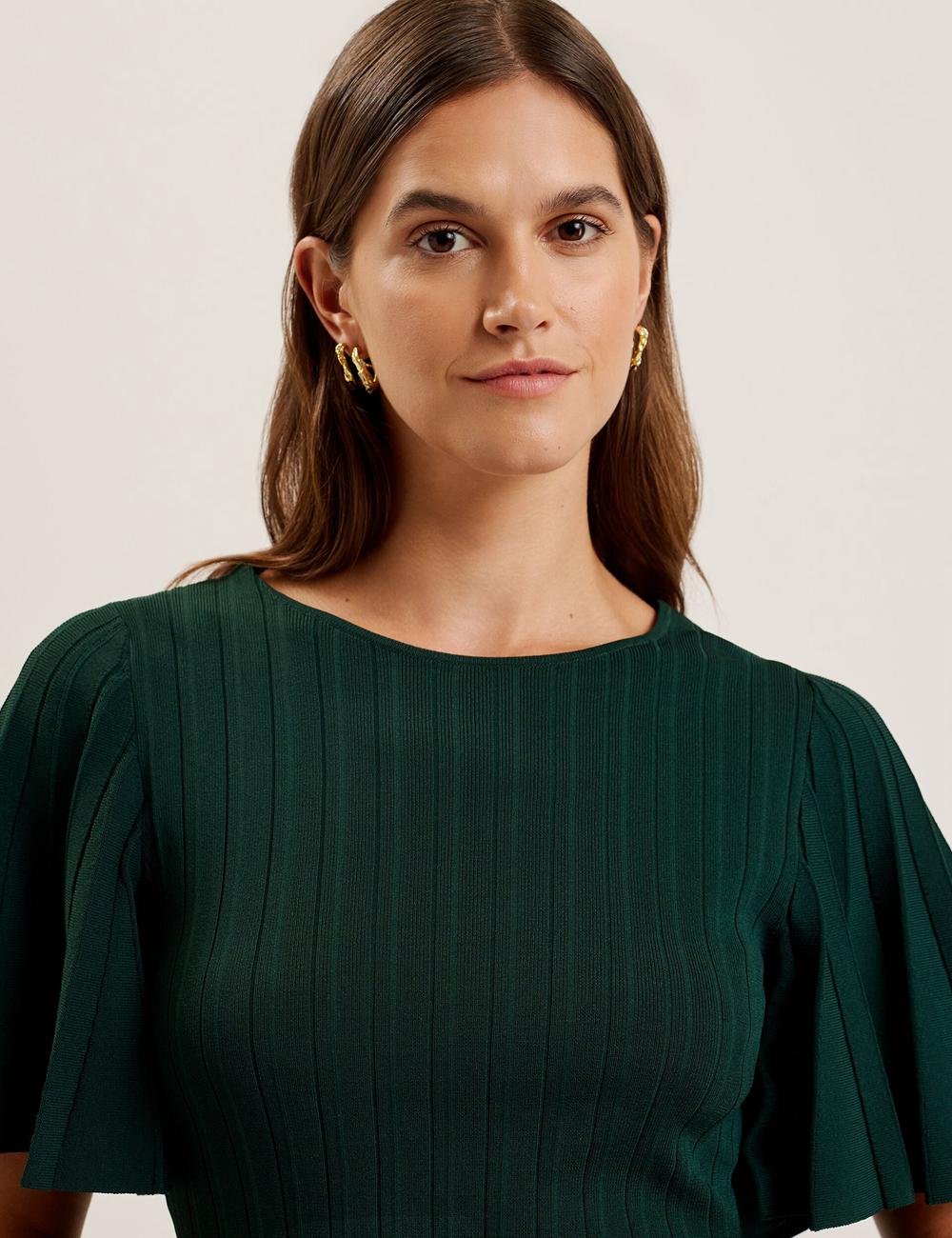Ted Baker IIVANNA - Ribbed Knit Top With Fluted Short Sleeves Women Jumpers Dk-Green | UAE  53726-HCJM