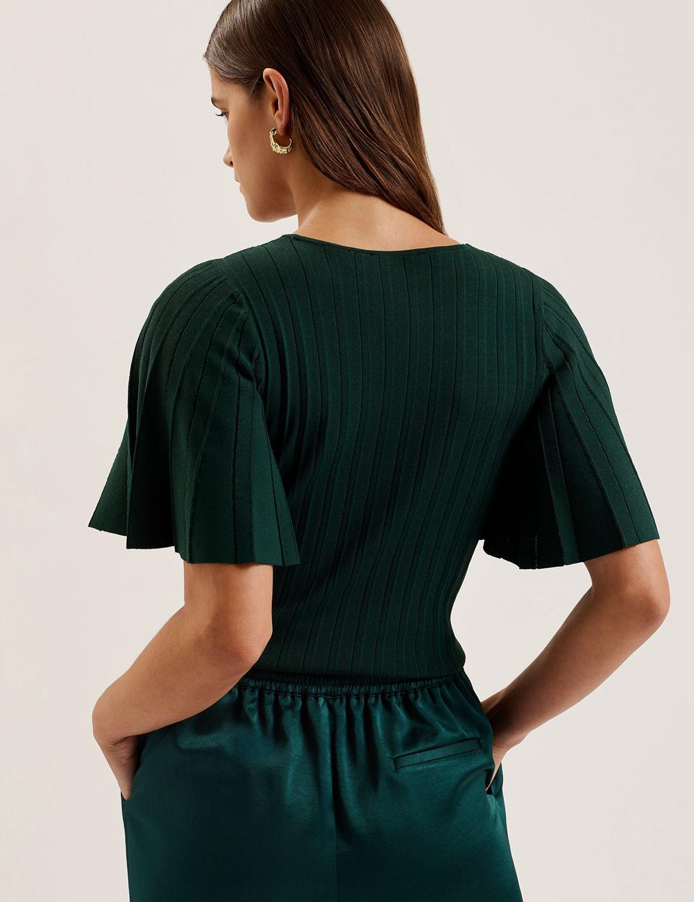 Ted Baker IIVANNA - Ribbed Knit Top With Fluted Short Sleeves Women Jumpers Dk-Green | UAE  53726-HCJM