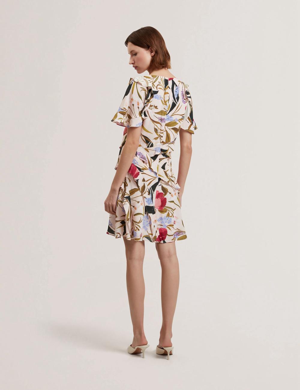 Ted Baker ISSIIA - Frill Trim Floral Short Sleeve Women Mini Dresses Pink | UAE  86975-KZBM