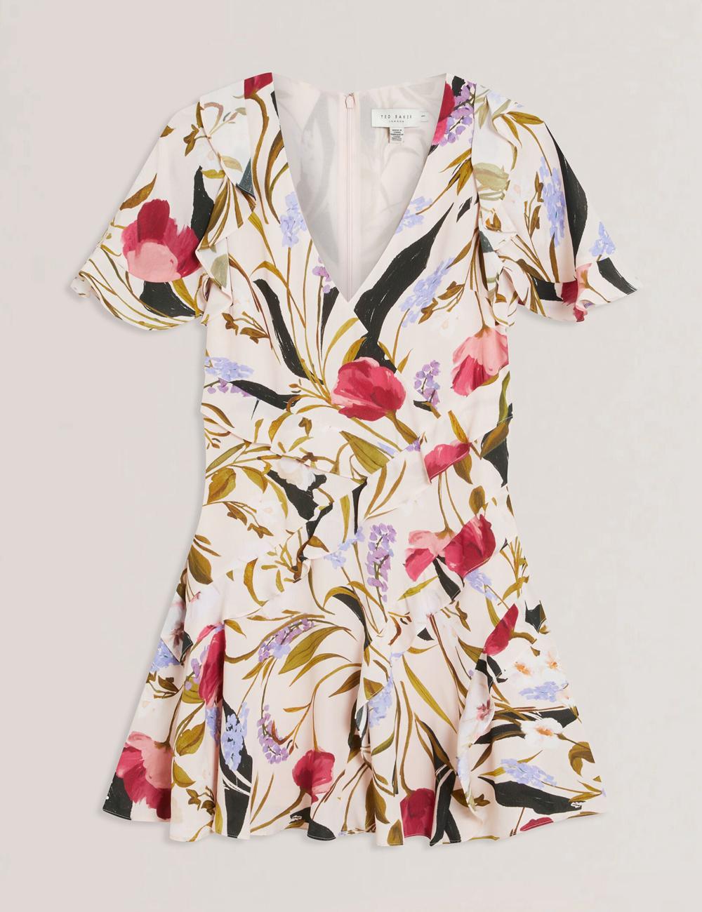 Ted Baker ISSIIA - Frill Trim Floral Short Sleeve Women Mini Dresses Pink | UAE  86975-KZBM
