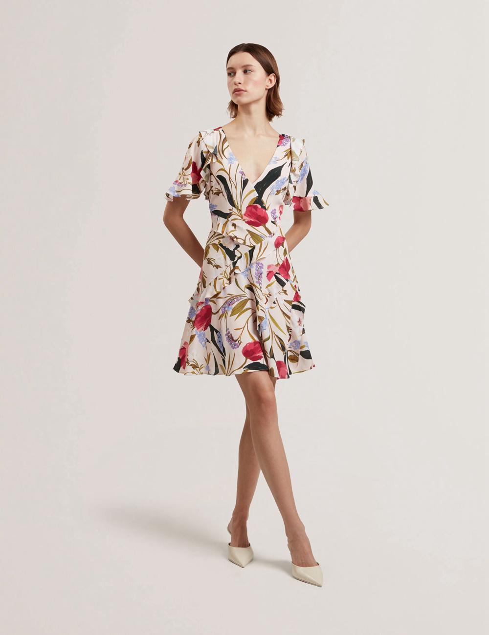 Ted Baker ISSIIA - Frill Trim Floral Short Sleeve Women Mini Dresses Pink | UAE  86975-KZBM