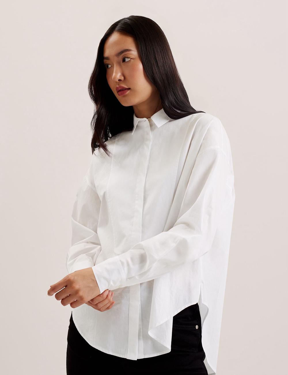 Ted Baker IZOTE - Oversized Drop Shoulder Bib Detail Women Casual Shirts White | UAE  18645-MLUN