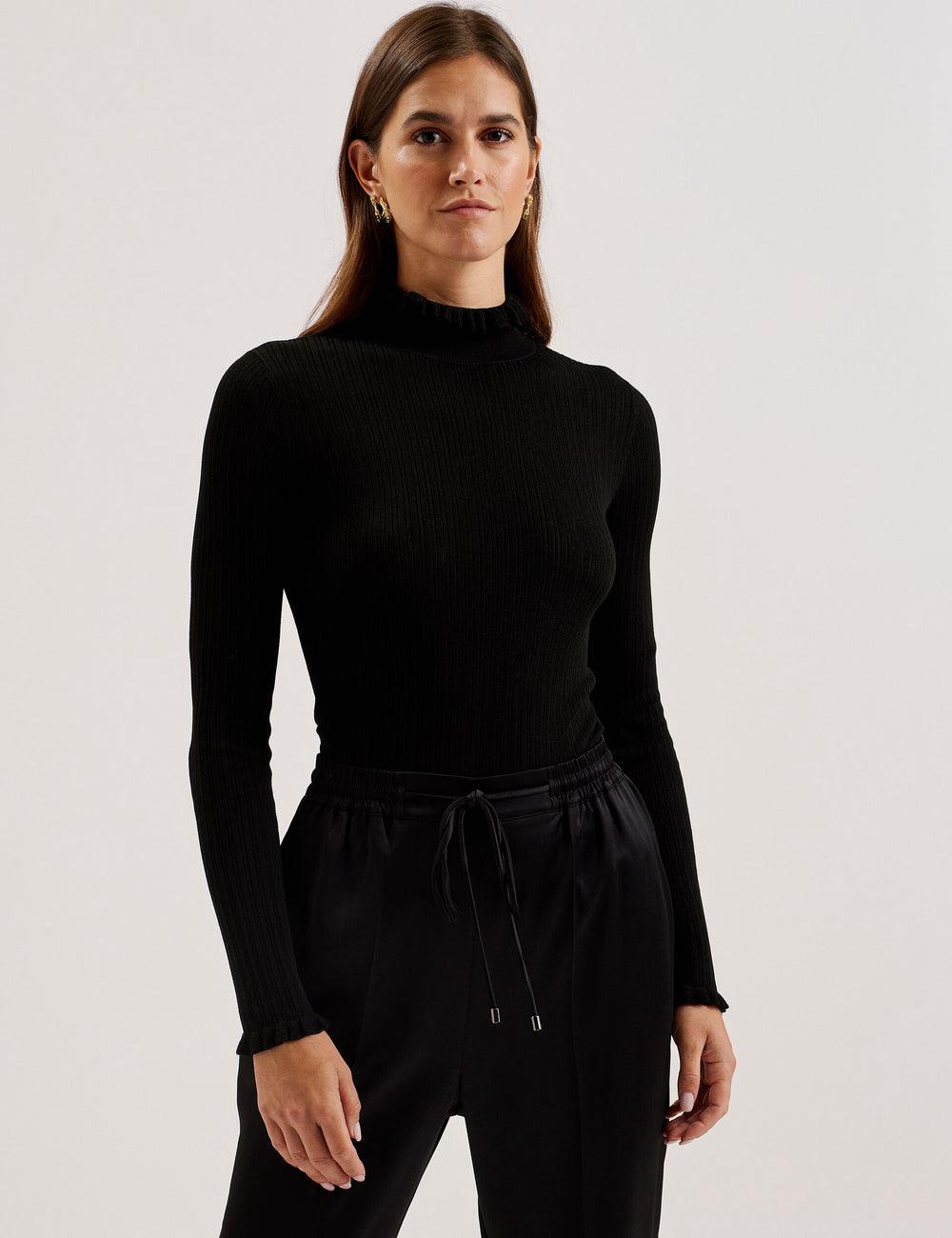 Ted Baker JANITTT - Ruffle Trim High Neck Ribbed Women Jumpers Black | UAE  87639-VXDI