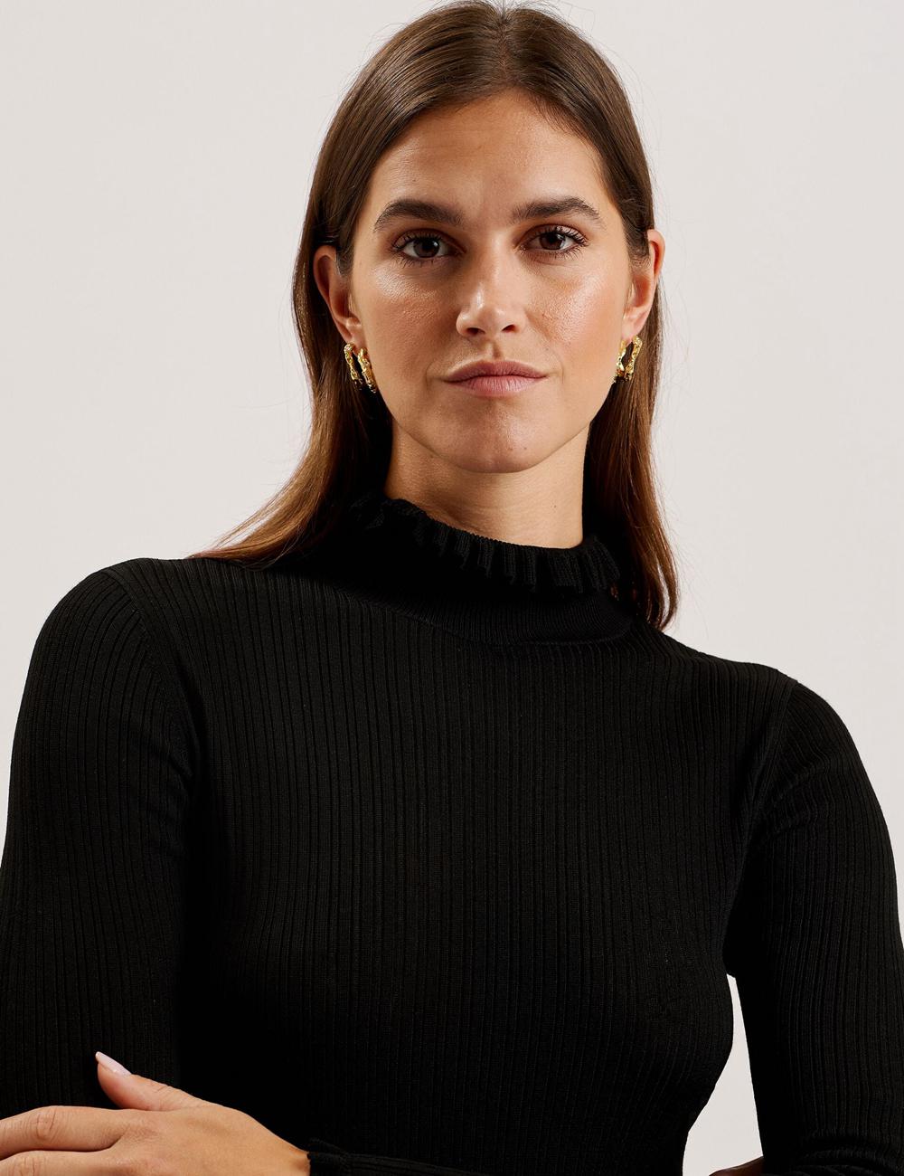 Ted Baker JANITTT - Ruffle Trim High Neck Ribbed Women Jumpers Black | UAE  87639-VXDI