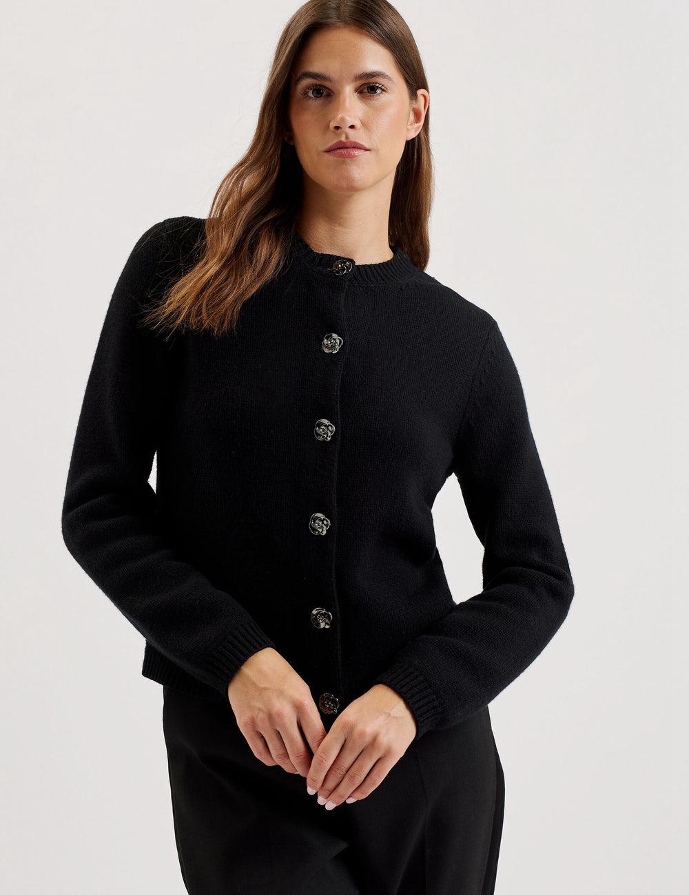 Ted Baker JAYCEY - Rose Button Knitted Crew Neck Women Cardigans Black | UAE  94582-ABLZ