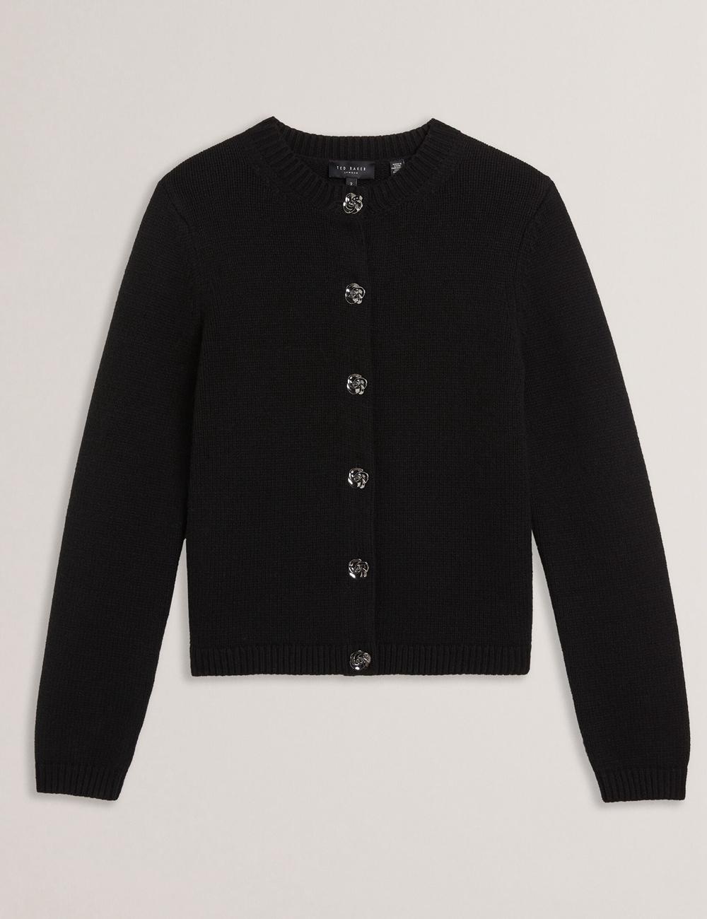 Ted Baker JAYCEY - Rose Button Knitted Crew Neck Women Cardigans Black | UAE  94582-ABLZ