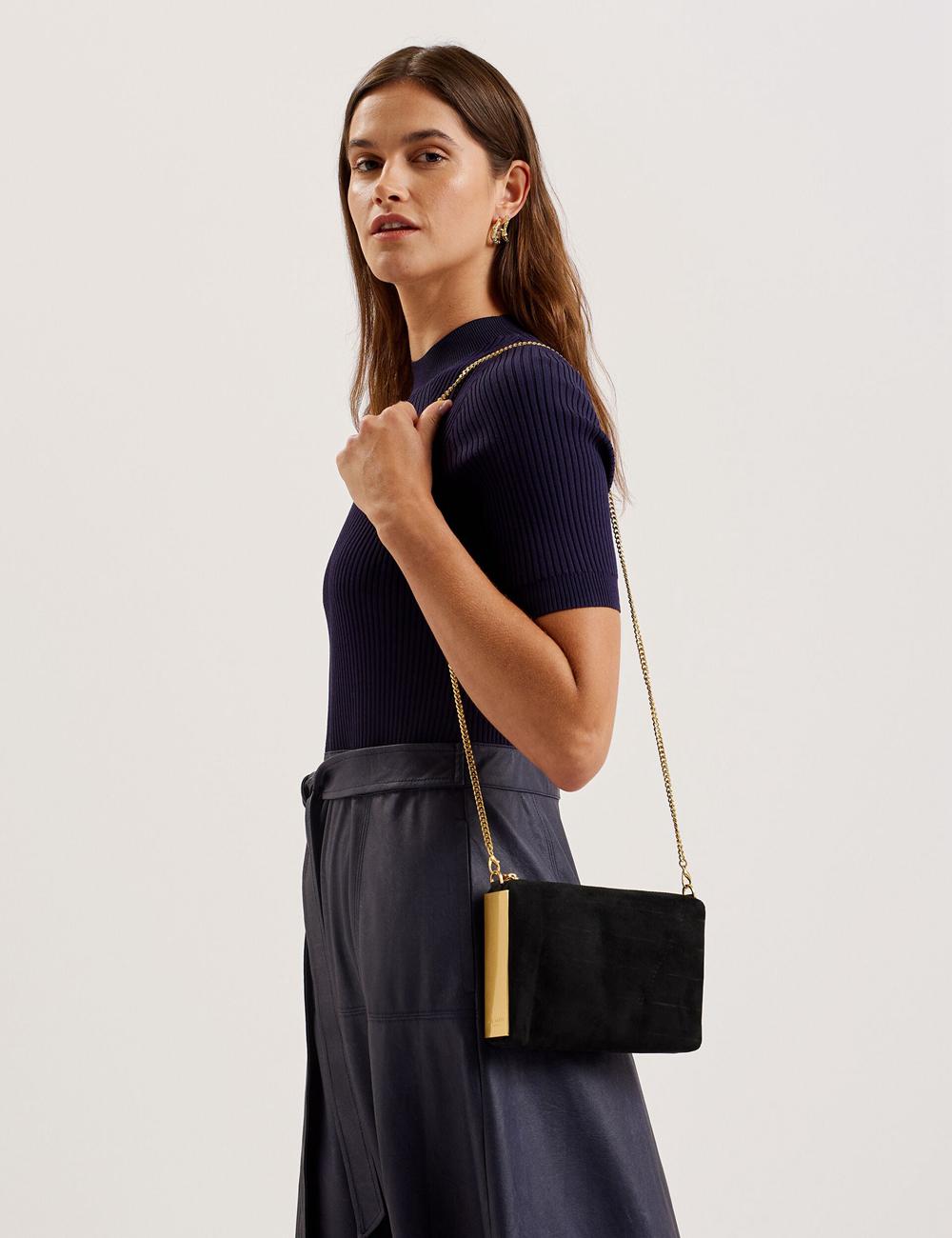 Ted Baker JEINER - Suede Clutch With Hardware Sides Women Clutch Bag Black | UAE  83072-NUAE