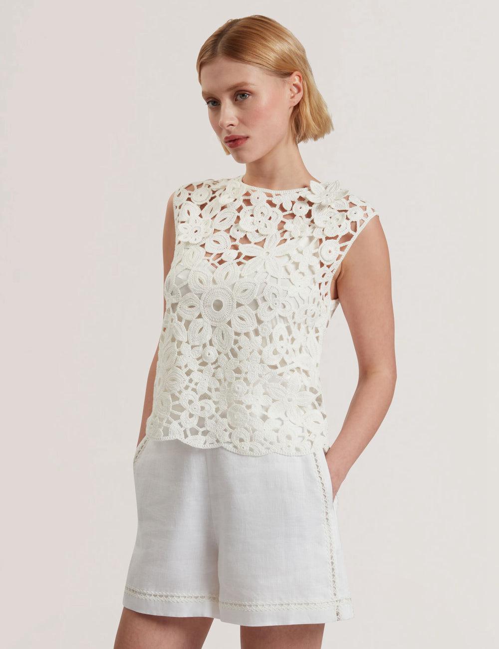 Ted Baker JOYYRA - Floral Crochet Knit Sleeveless Women Tops White | UAE  90362-AZEQ