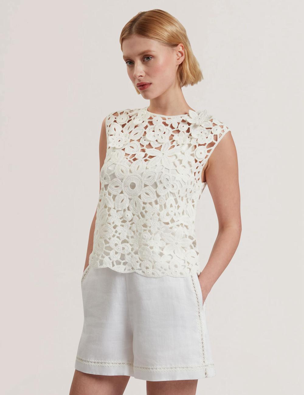 Ted Baker JOYYRA - Floral Crochet Knit Sleeveless Women Tops White | UAE  90362-AZEQ