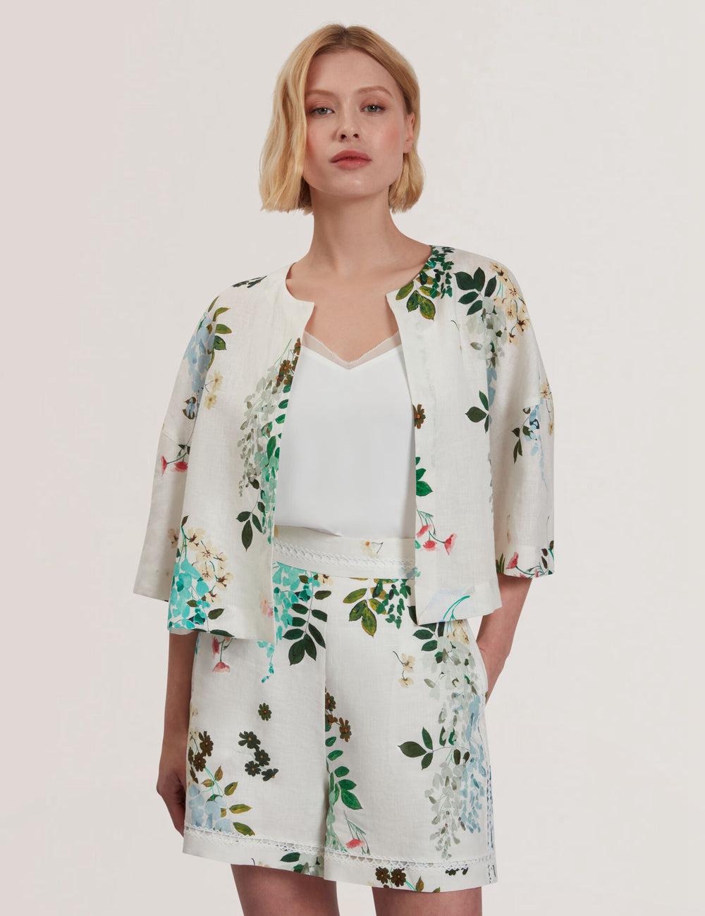 Ted Baker KALNA - Printed Linen Short Sleeve Cropped Shirt Women Tops White | UAE  40852-ATEH