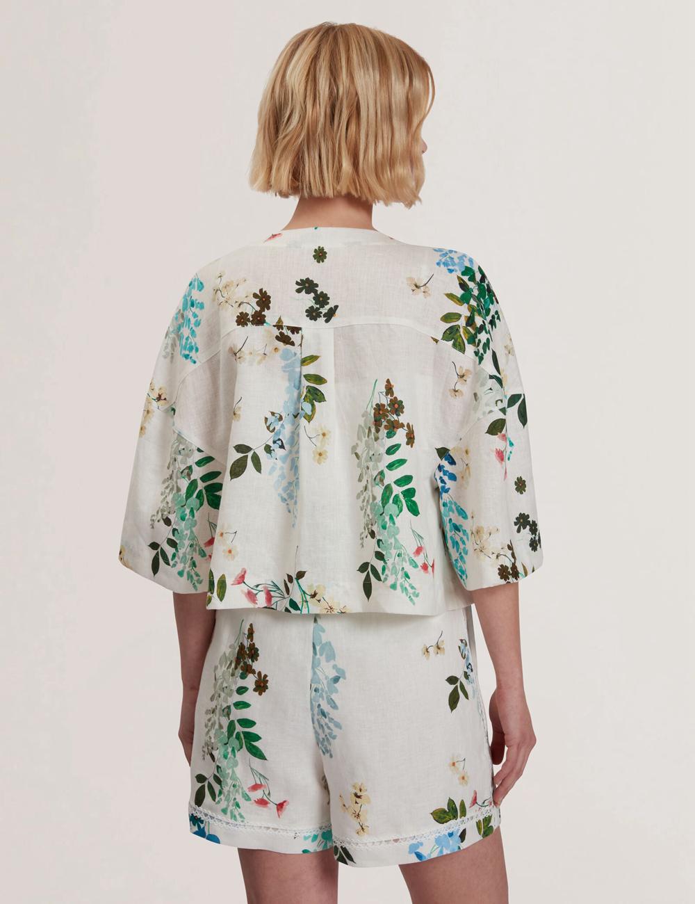 Ted Baker KALNA - Printed Linen Short Sleeve Cropped Shirt Women Tops White | UAE  40852-ATEH