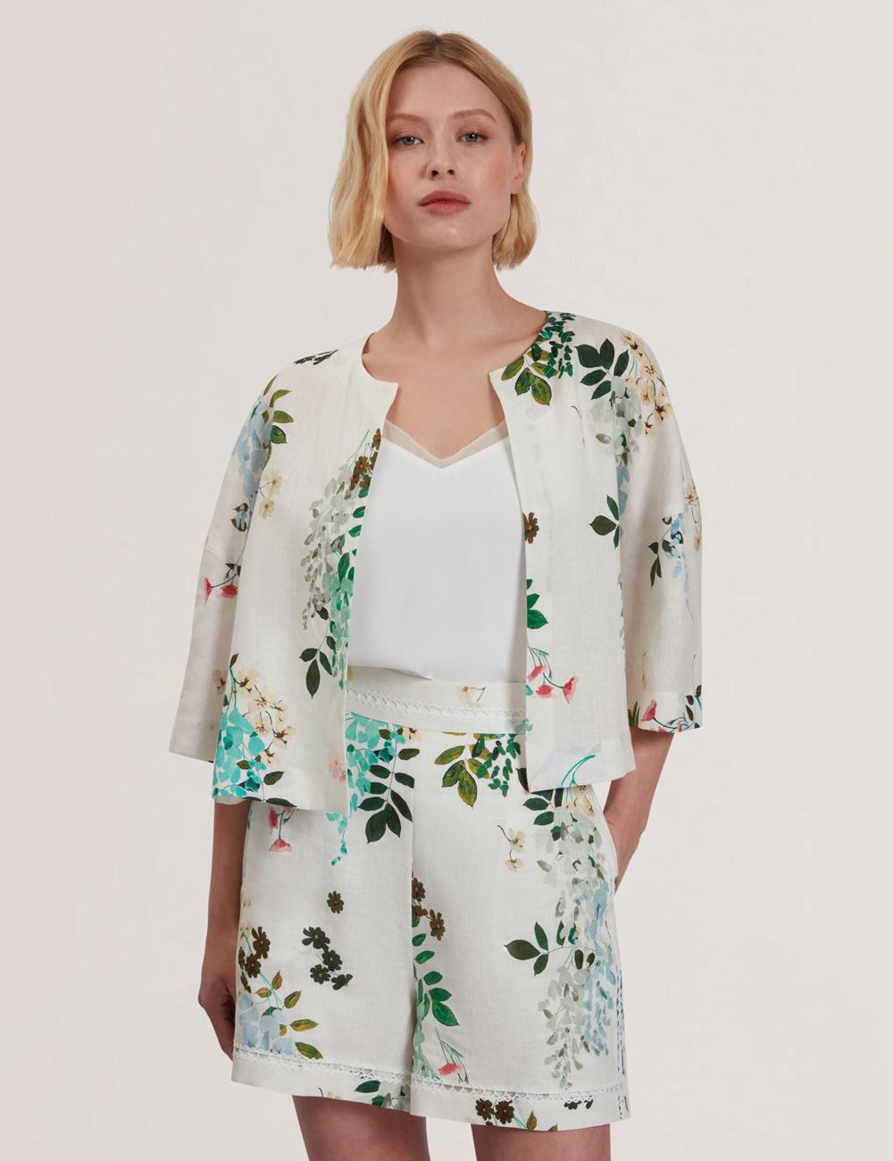 Ted Baker KALNA - Printed Linen Short Sleeve Cropped Shirt Women Tops White | UAE  40852-ATEH