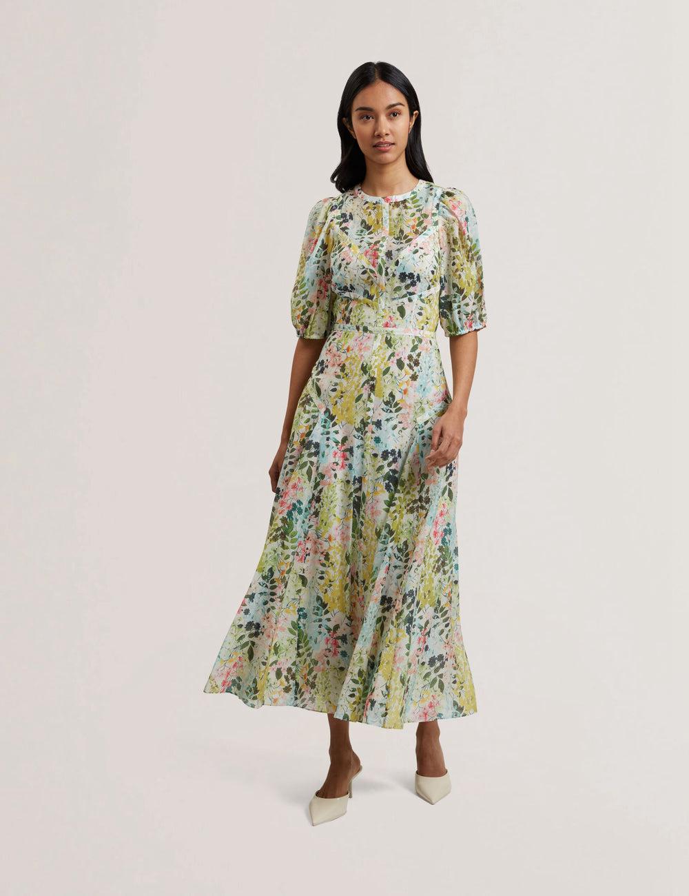Ted Baker KANDEA - Floral Puff Sleeve A-Line Women Midi Dresses Ivory | UAE  54689-BYCH