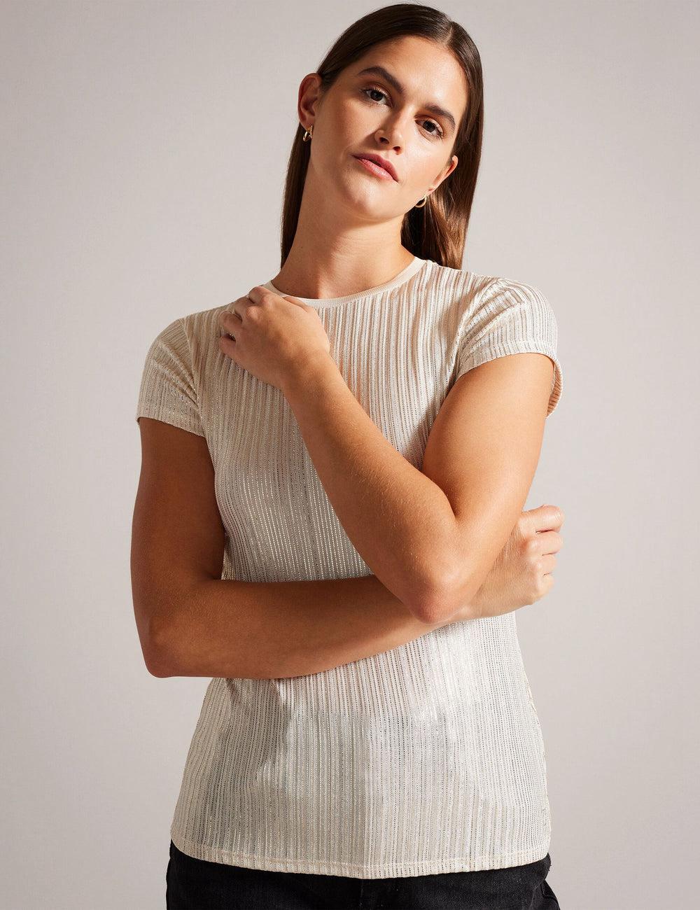 Ted Baker KATRINO - Metallic Short Sleeve Crew Neck Women Tops Gold | UAE  40215-IXEH