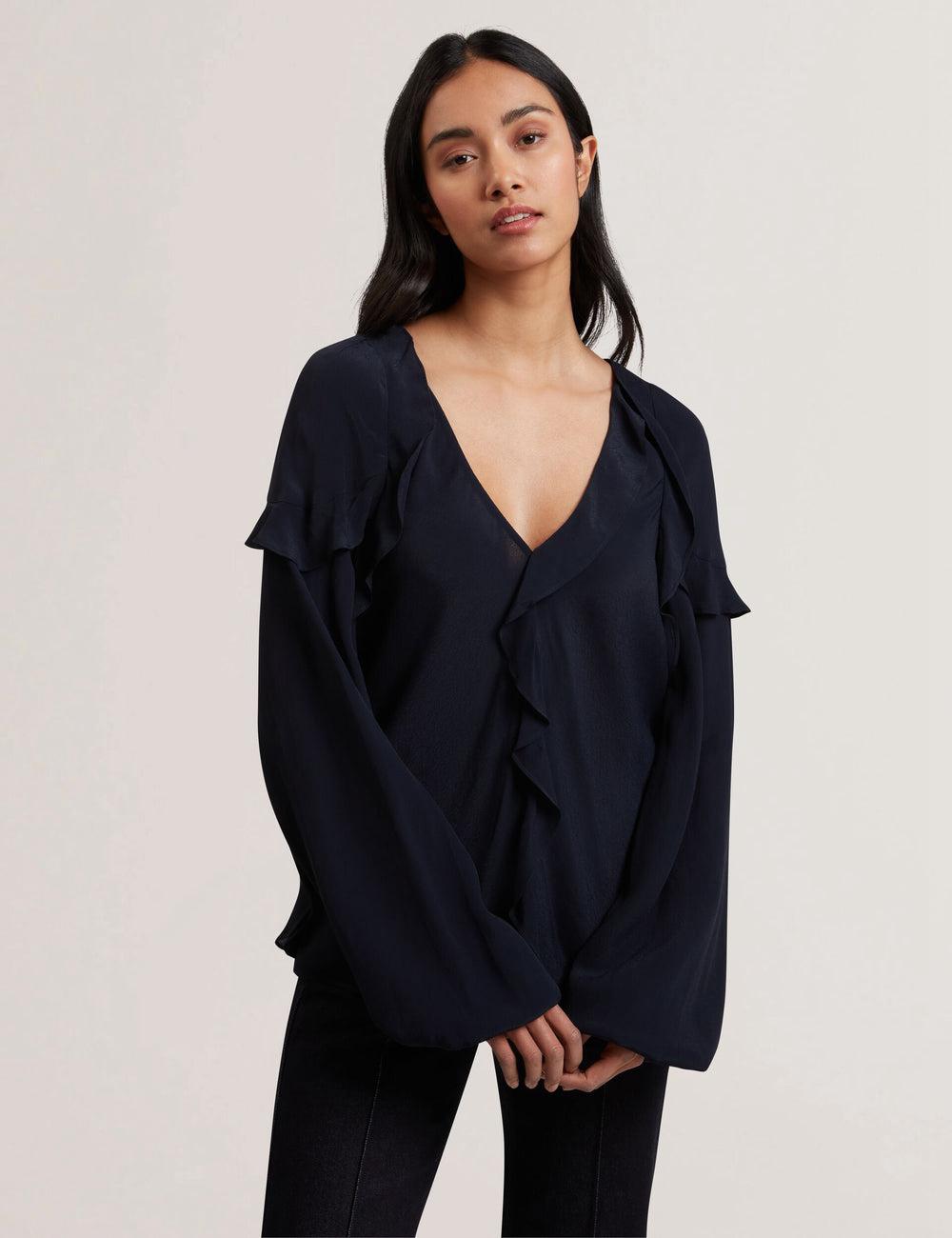 Ted Baker KAYFA - Waterfall Ruffle Trim Long Sleeve Women Blouses Navy | UAE  37650-BFAX
