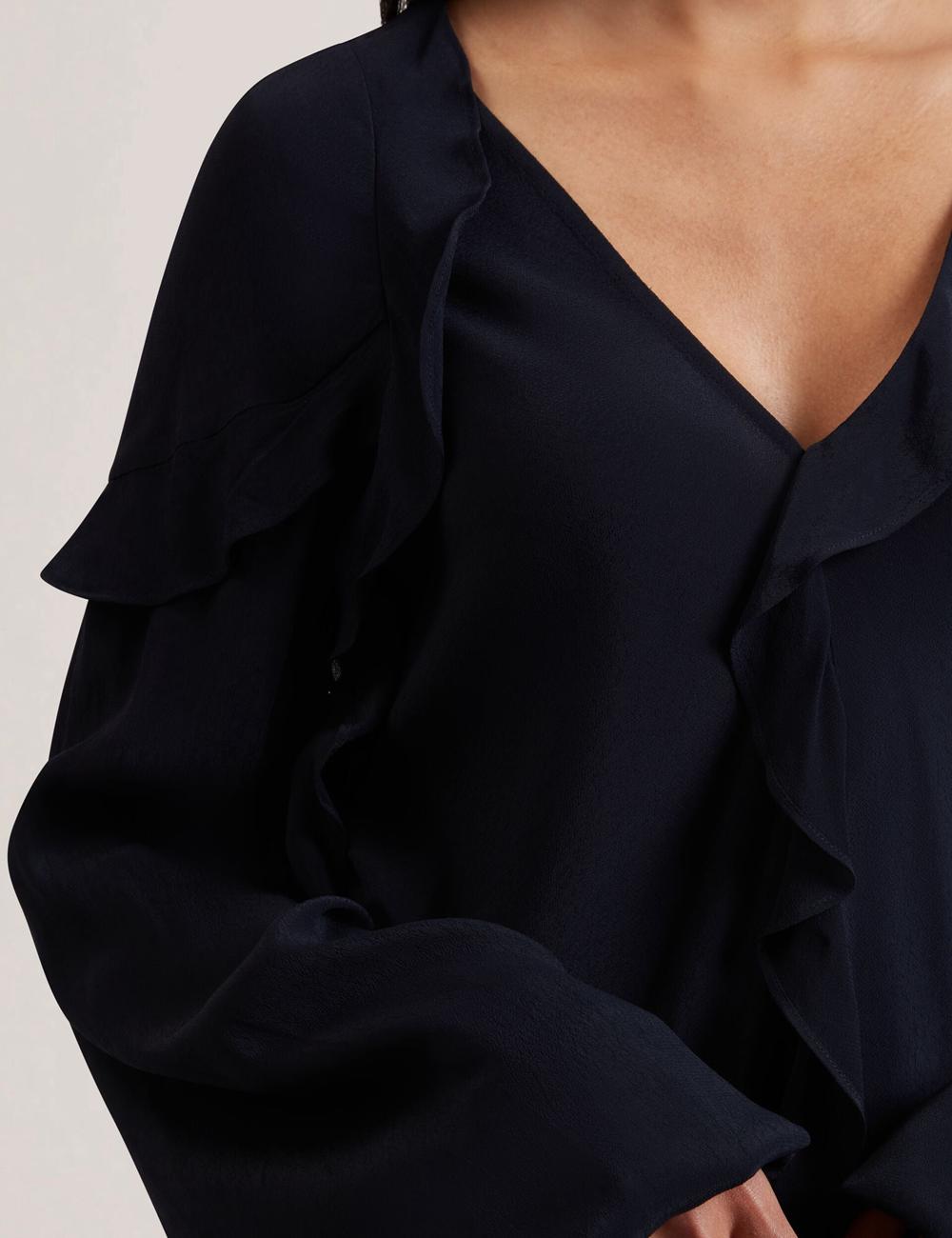 Ted Baker KAYFA - Waterfall Ruffle Trim Long Sleeve Women Blouses Navy | UAE  37650-BFAX