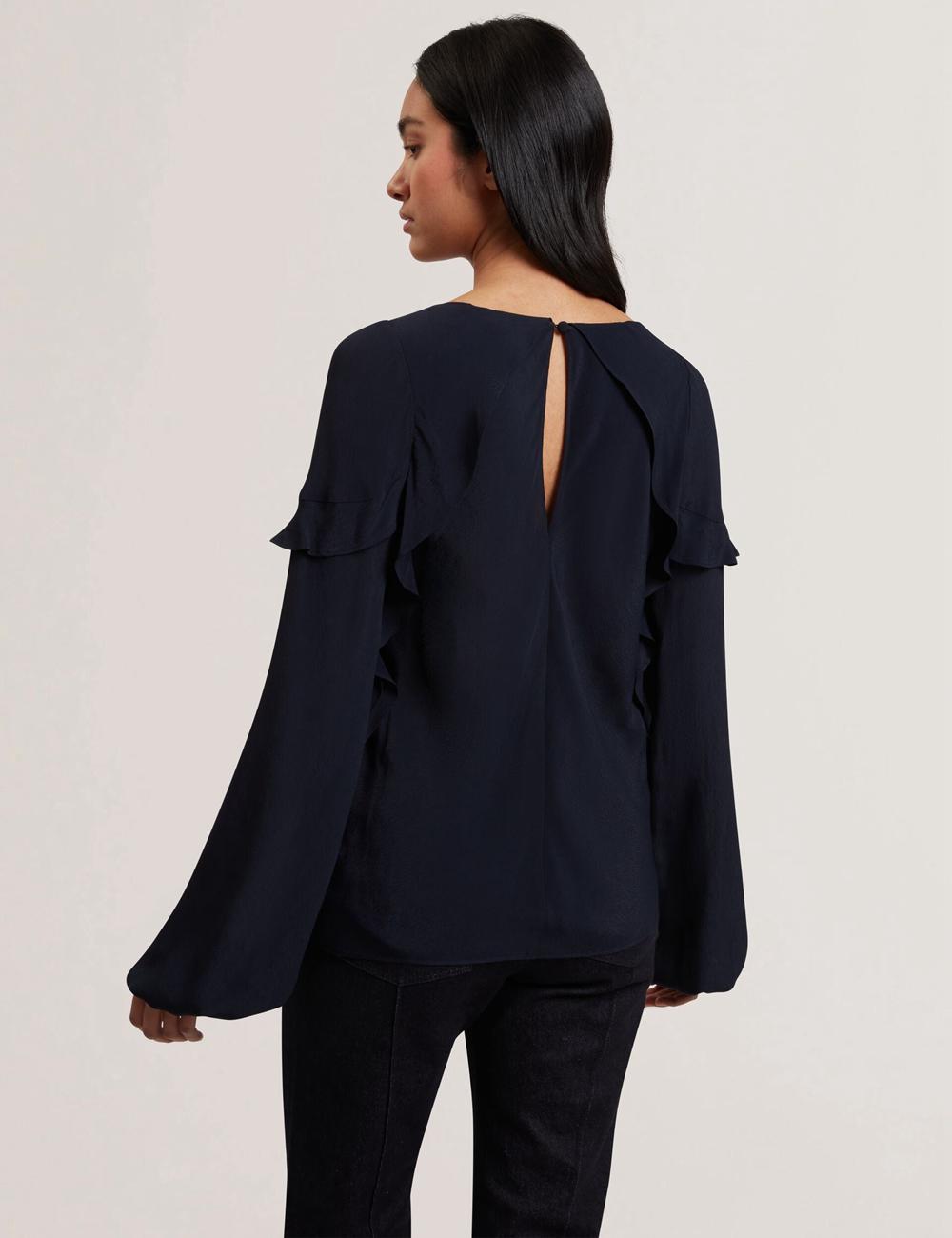 Ted Baker KAYFA - Waterfall Ruffle Trim Long Sleeve Women Blouses Navy | UAE  37650-BFAX