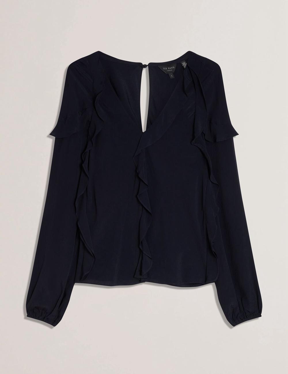 Ted Baker KAYFA - Waterfall Ruffle Trim Long Sleeve Women Blouses Navy | UAE  37650-BFAX