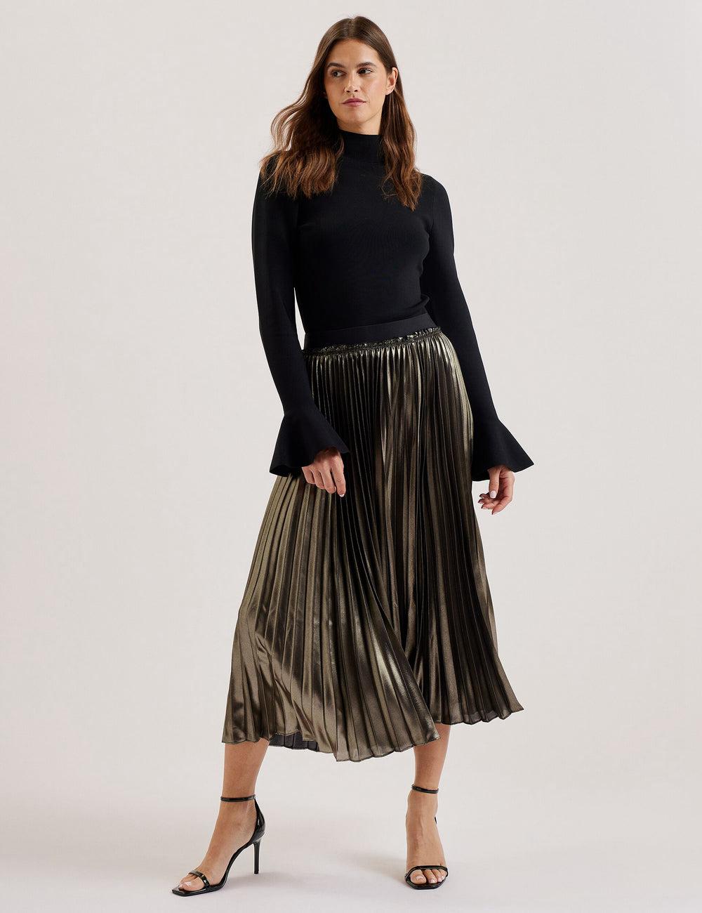 Ted Baker KESE - Metallic Pleated A-Line Women Midi Skirts Gold | UAE  69438-YVZK