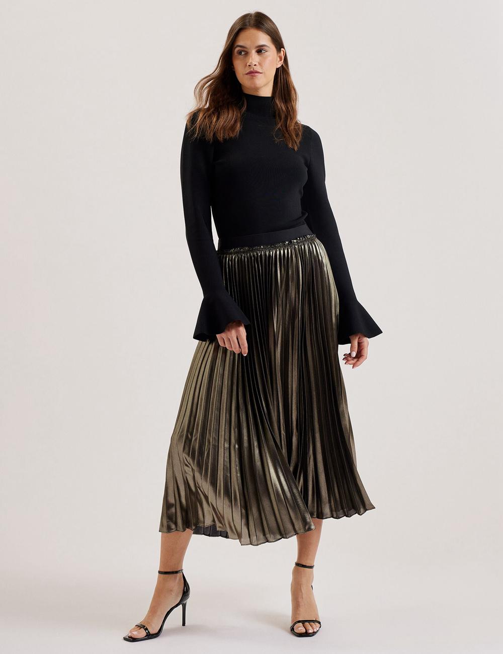Ted Baker KESE - Metallic Pleated A-Line Women Midi Skirts Gold | UAE  69438-YVZK