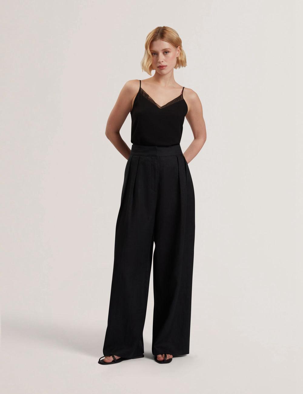 Ted Baker KYFAAT - Pure Linen Tailored Wide Leg Women Trousers Black | UAE  12368-IUPG