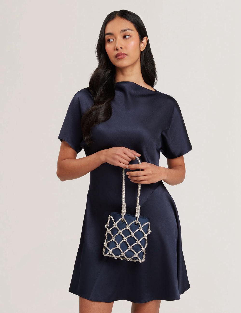Ted Baker KYLIA - Crystal Cage Satin Mini Women Shoulder Bags Navy | UAE  05826-KFNS
