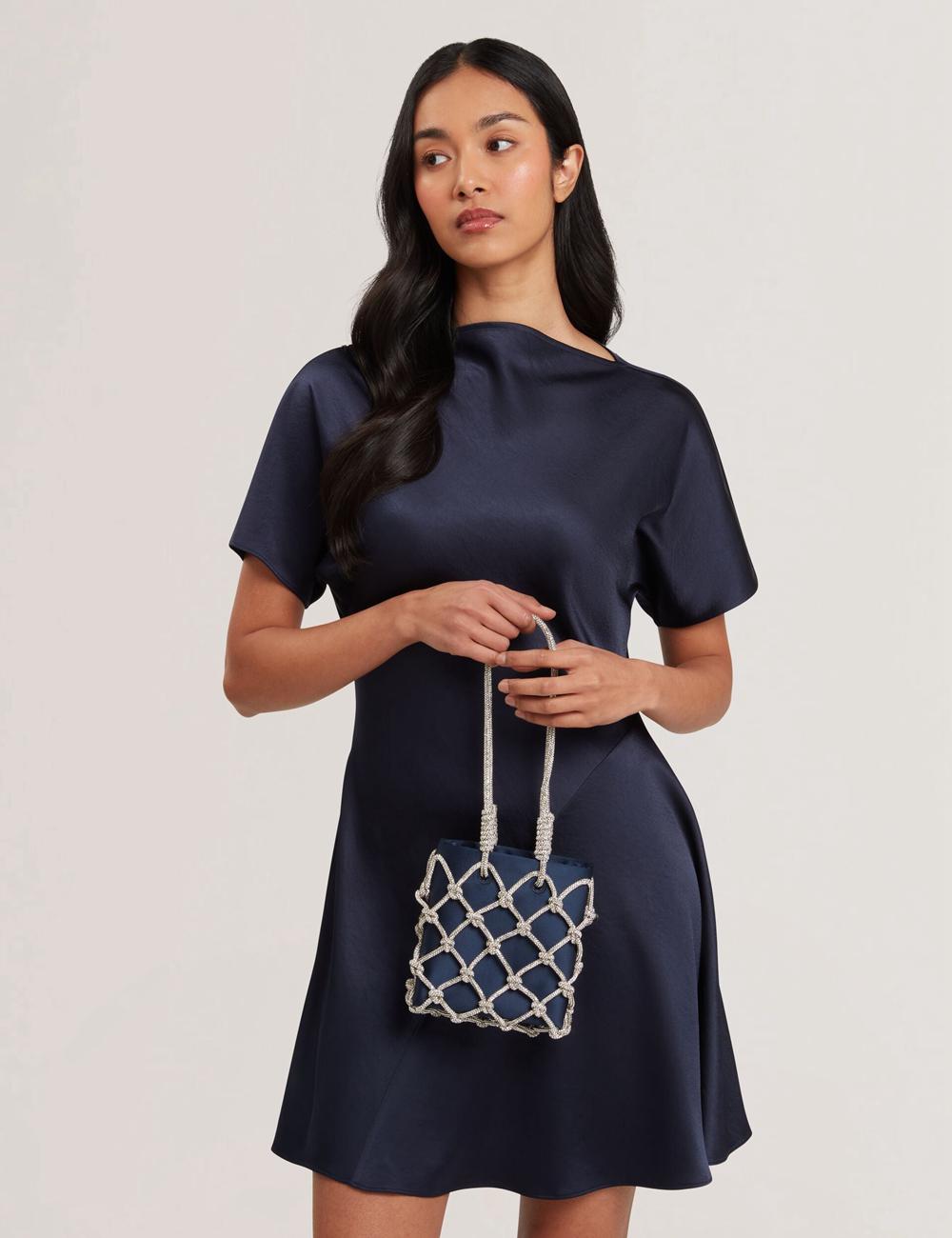 Ted Baker KYLIA - Crystal Cage Satin Mini Women Shoulder Bags Navy | UAE  05826-KFNS