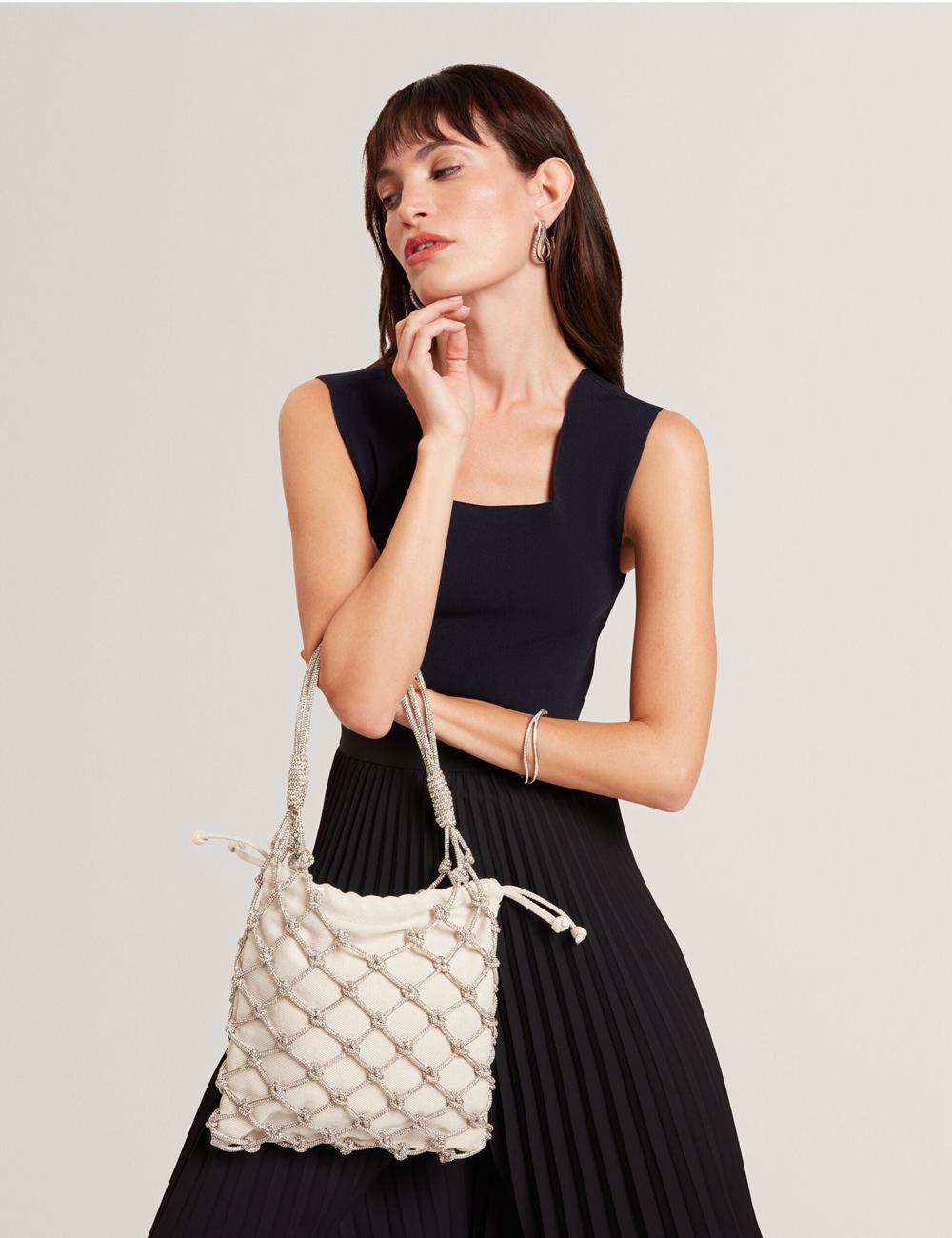 Ted Baker KYLISA - Crystal Cage Top Handle Canvas Women Bucket Bags Silver | UAE  31740-QAZS