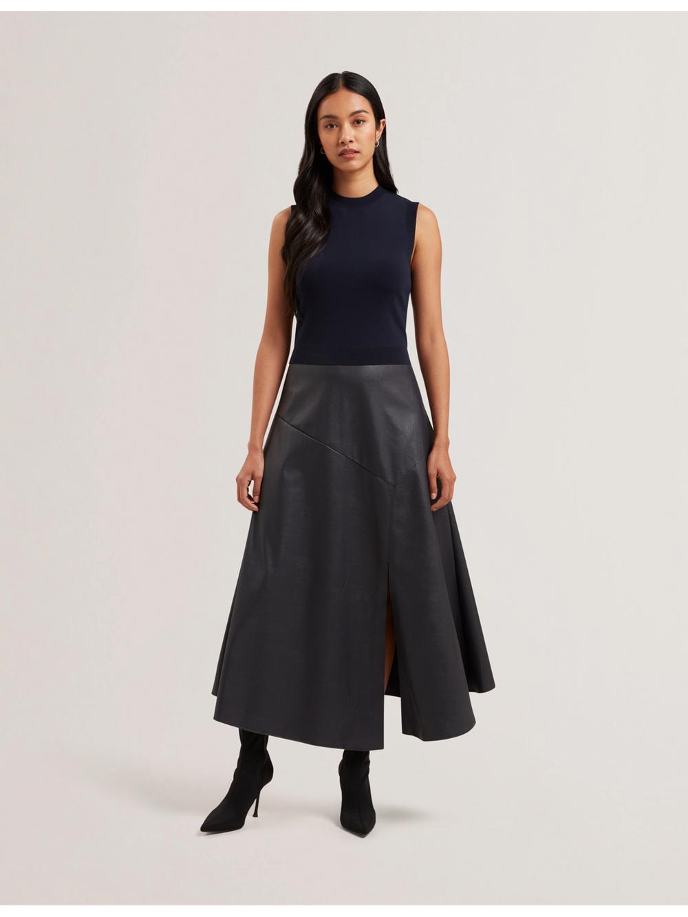 Ted Baker LABASA - Sleeveless Knit Faux Leather Women Midi Dresses Navy | UAE  19035-PRVO