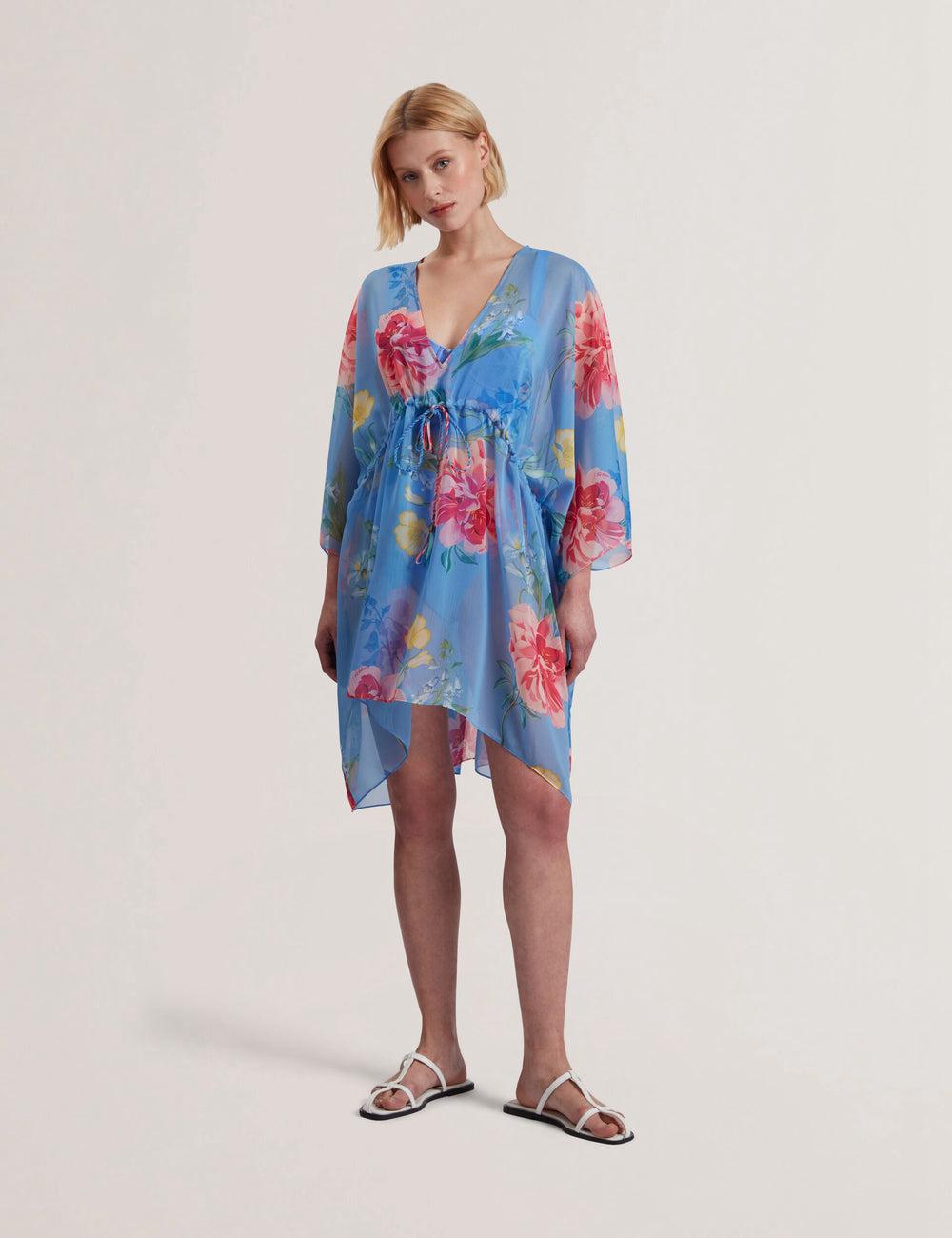 Ted Baker LARJA - Floral Print Chiffon Mini Beach Kaftan Women Cover Ups Blue | UAE  96018-GIOU
