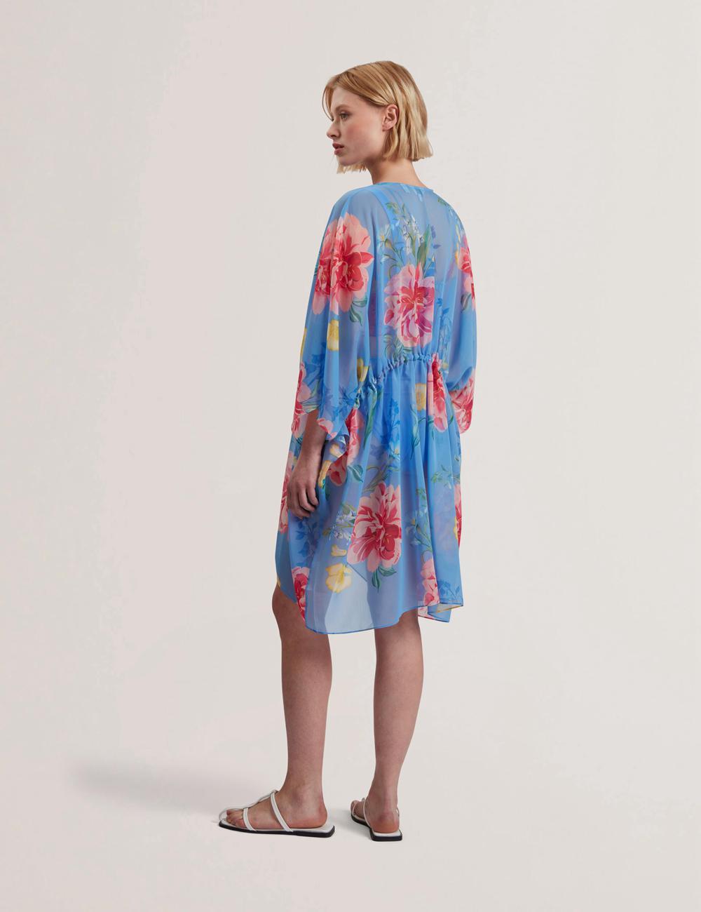 Ted Baker LARJA - Floral Print Chiffon Mini Beach Kaftan Women Cover Ups Blue | UAE  96018-GIOU