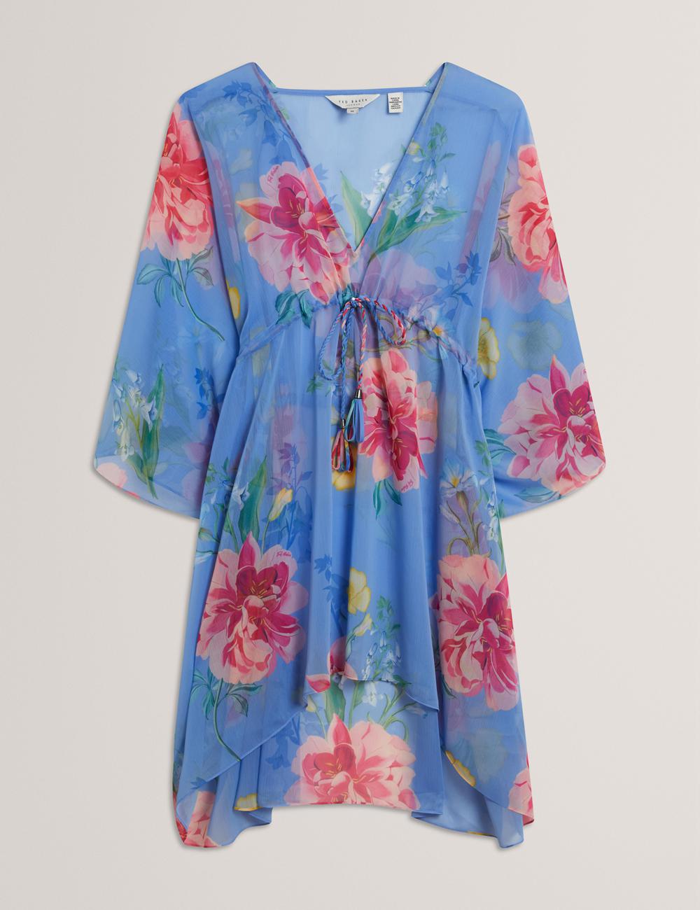 Ted Baker LARJA - Floral Print Chiffon Mini Beach Kaftan Women Cover Ups Blue | UAE  96018-GIOU