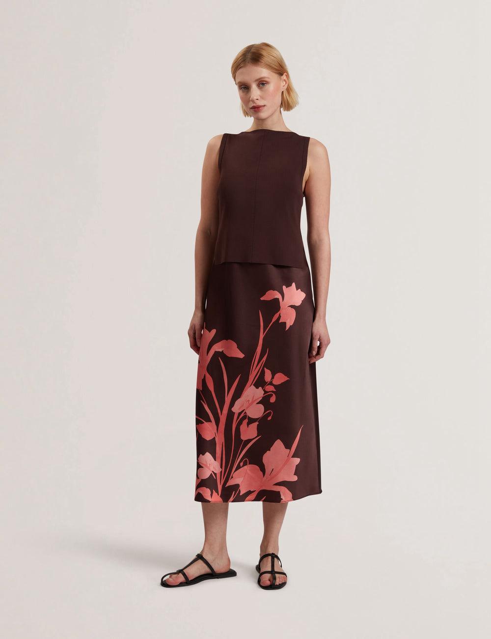 Ted Baker LATTENA - Printed Satin With Removable Tank Women Midi Dresses Dk-Brown | UAE  25394-QCTP