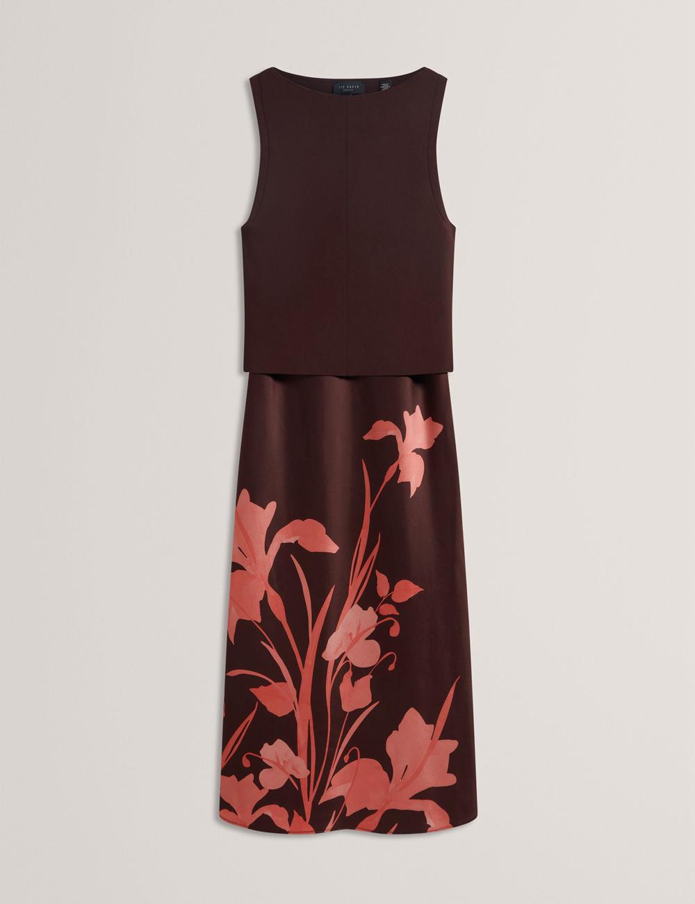 Ted Baker LATTENA - Printed Satin With Removable Tank Women Midi Dresses Dk-Brown | UAE  25394-QCTP