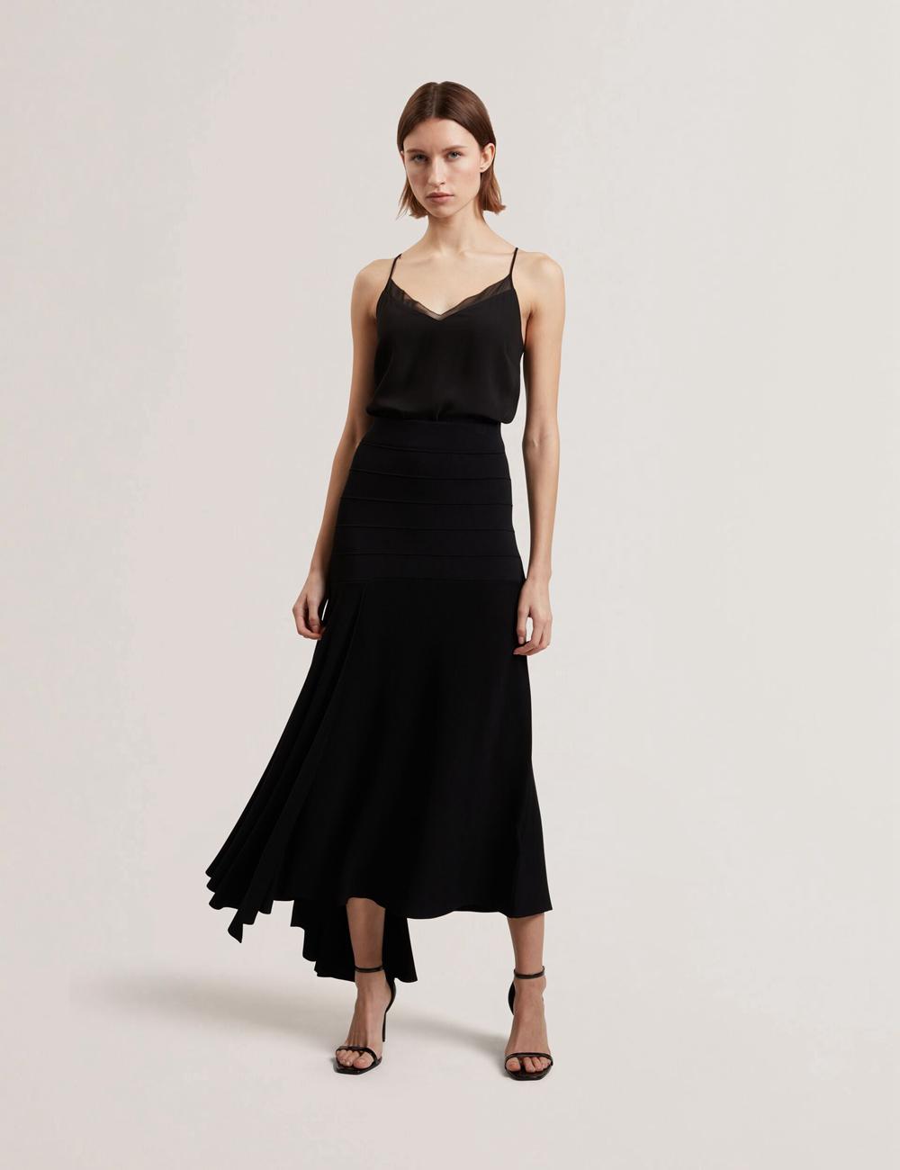 Ted Baker LAURRIE - Asymmetric Waterfall Hem Knitted Women Midi Skirts Black | UAE  07158-KAYT