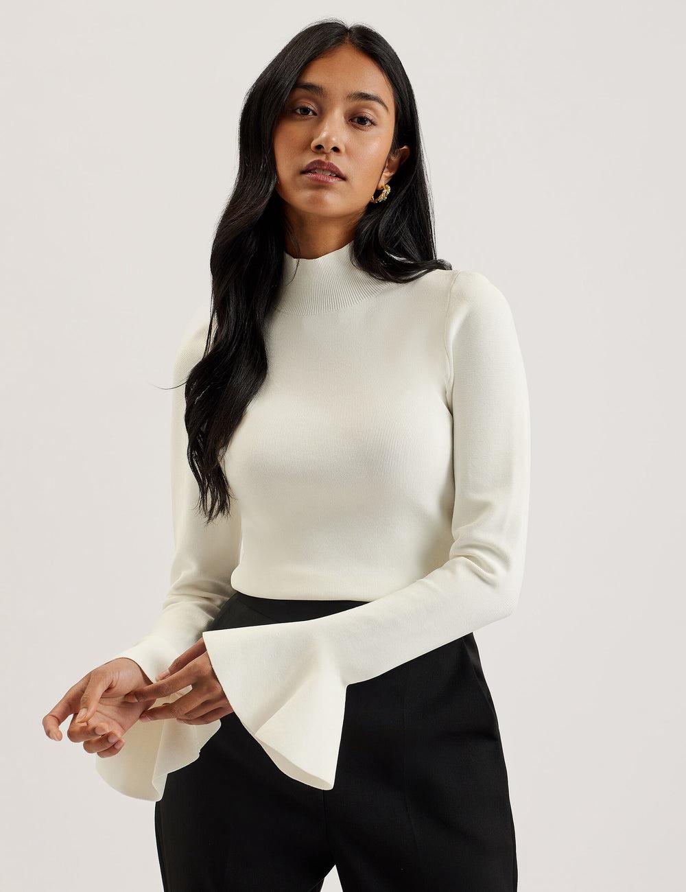 Ted Baker LAYNHA - Flared Sleeve High Neck Knitted Top Women Jumpers Ivory | UAE  84652-YDFI