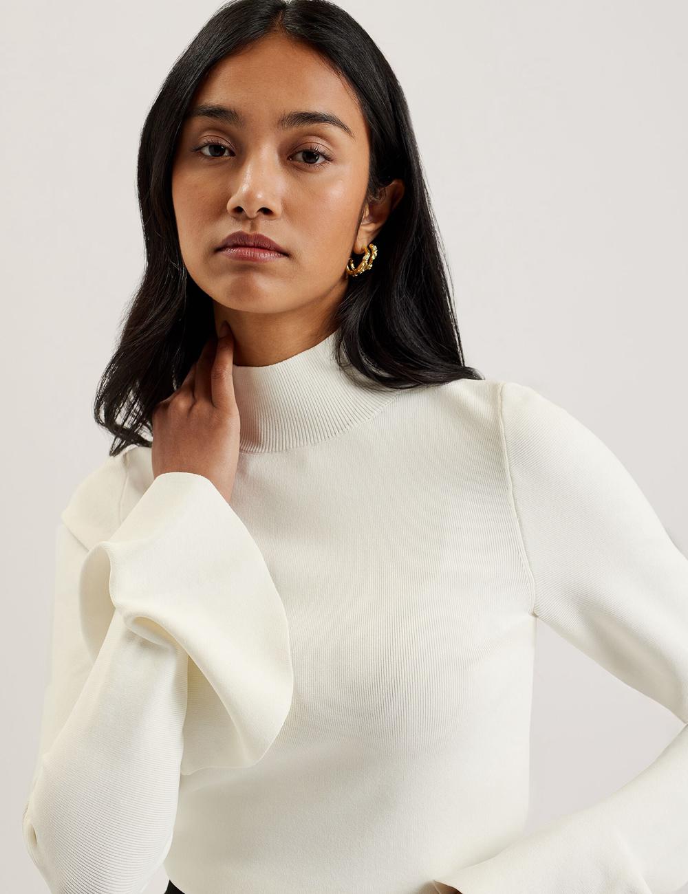 Ted Baker LAYNHA - Flared Sleeve High Neck Knitted Top Women Jumpers Ivory | UAE  84652-YDFI