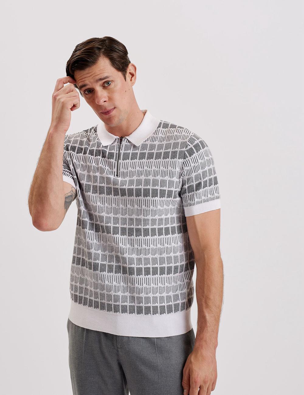 Ted Baker LEVERS - Ombre Jacquard Zip Neck Men Polos Shirts White | UAE  03879-MPYU