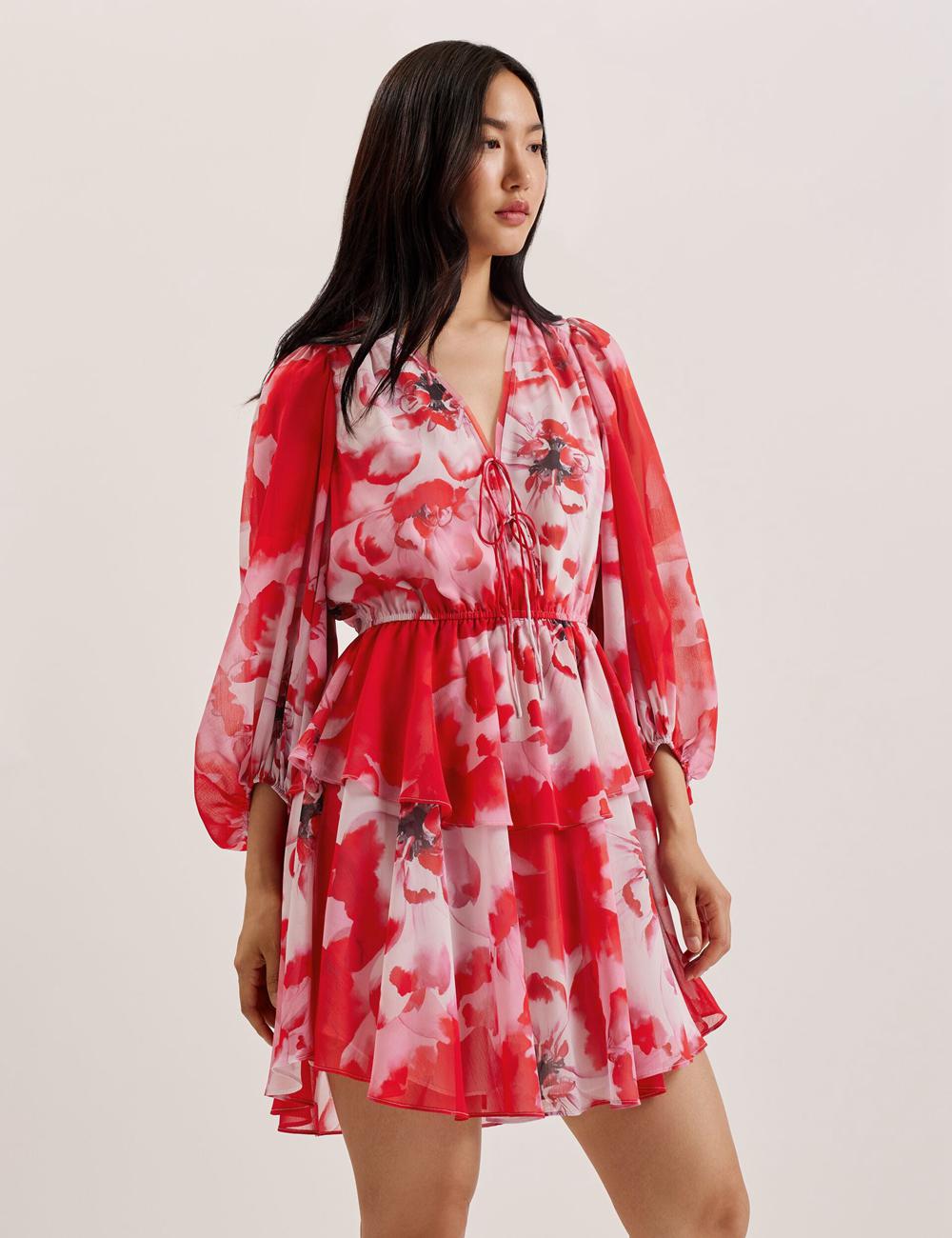 Ted Baker LEYNA - Floral Chiffon Front Women Mini Dresses Red | UAE  02953-MGZE