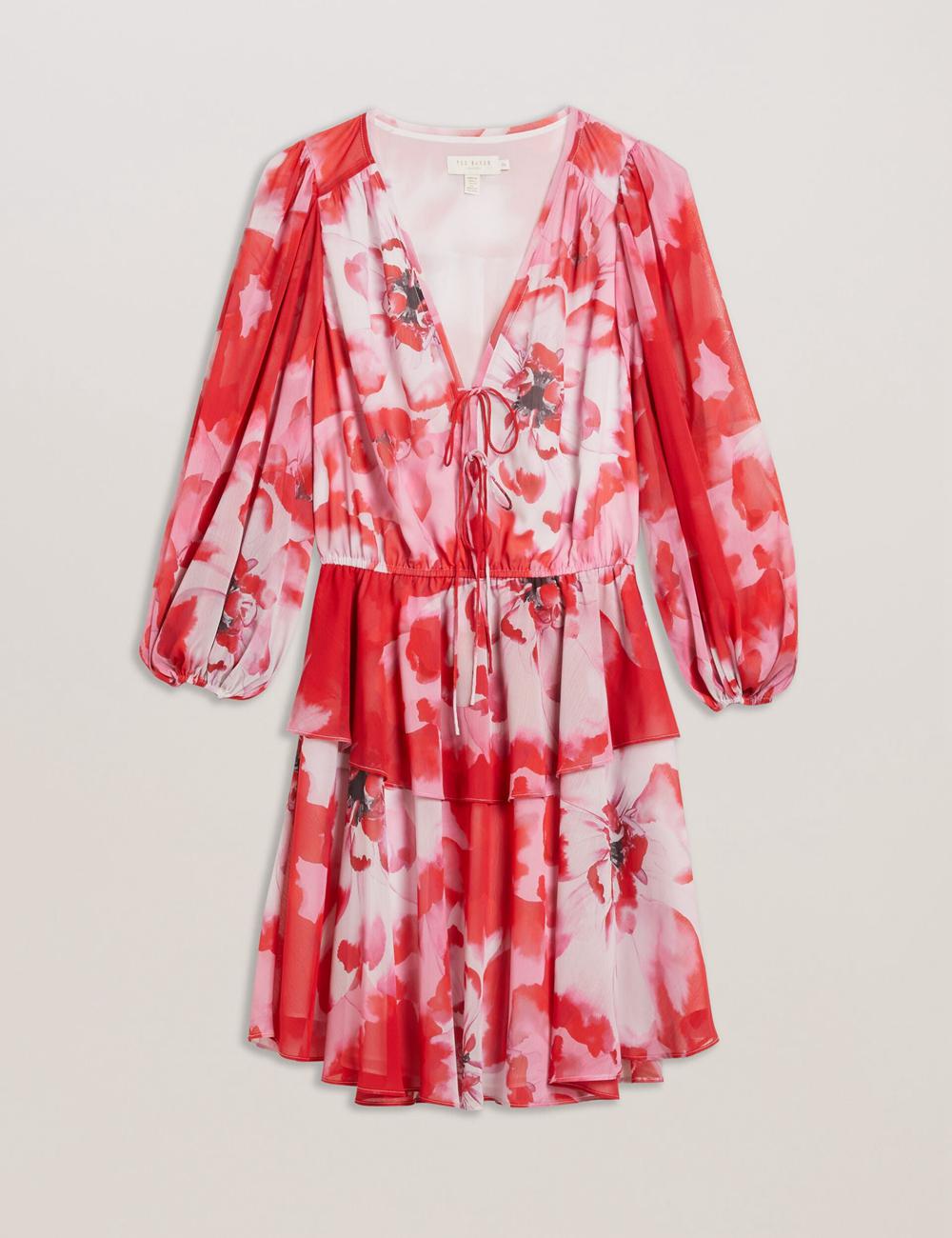Ted Baker LEYNA - Floral Chiffon Front Women Mini Dresses Red | UAE  02953-MGZE