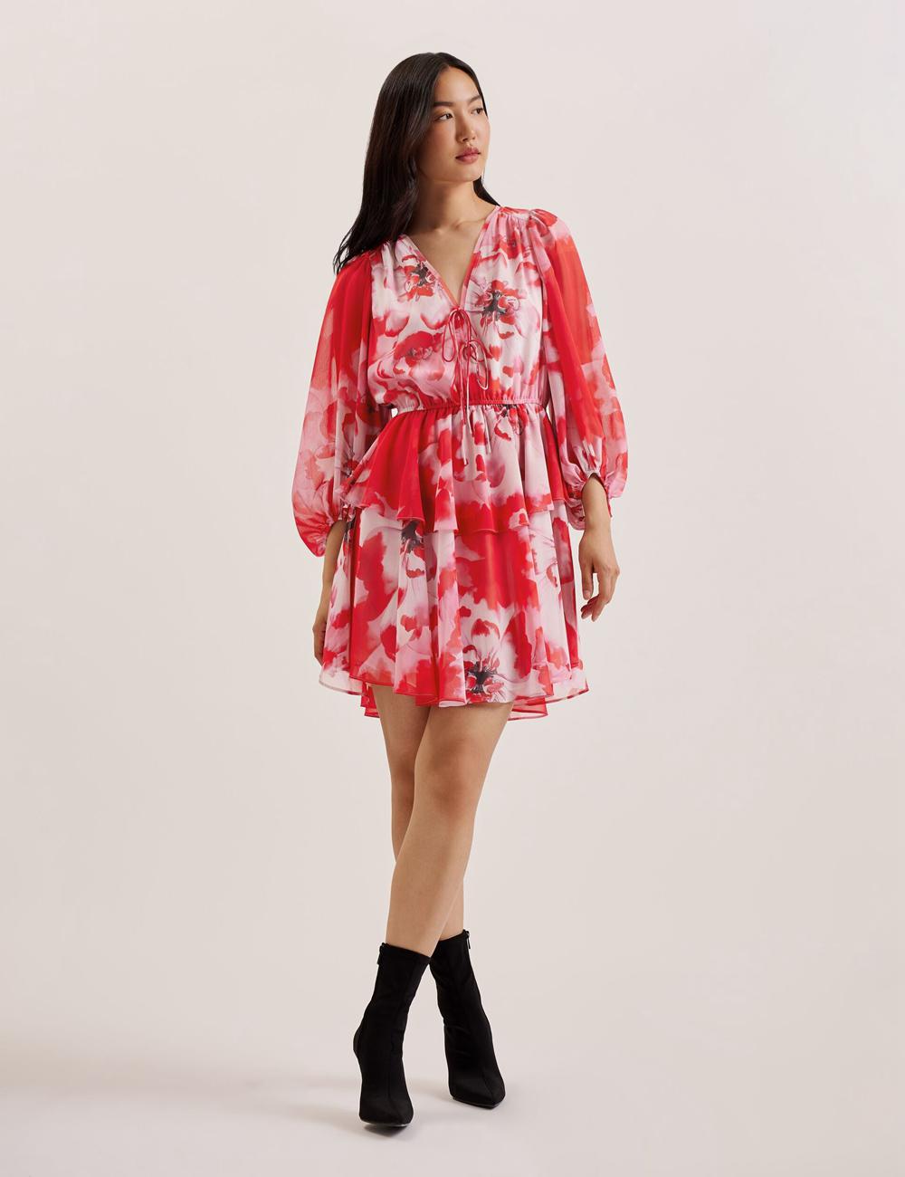 Ted Baker LEYNA - Floral Chiffon Front Women Mini Dresses Red | UAE  02953-MGZE