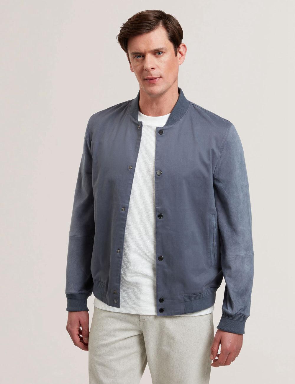 Ted Baker LIAMS - Cotton Twill & Suede Bomber Men Jackets Mid-Blue | UAE  08619-XUNQ