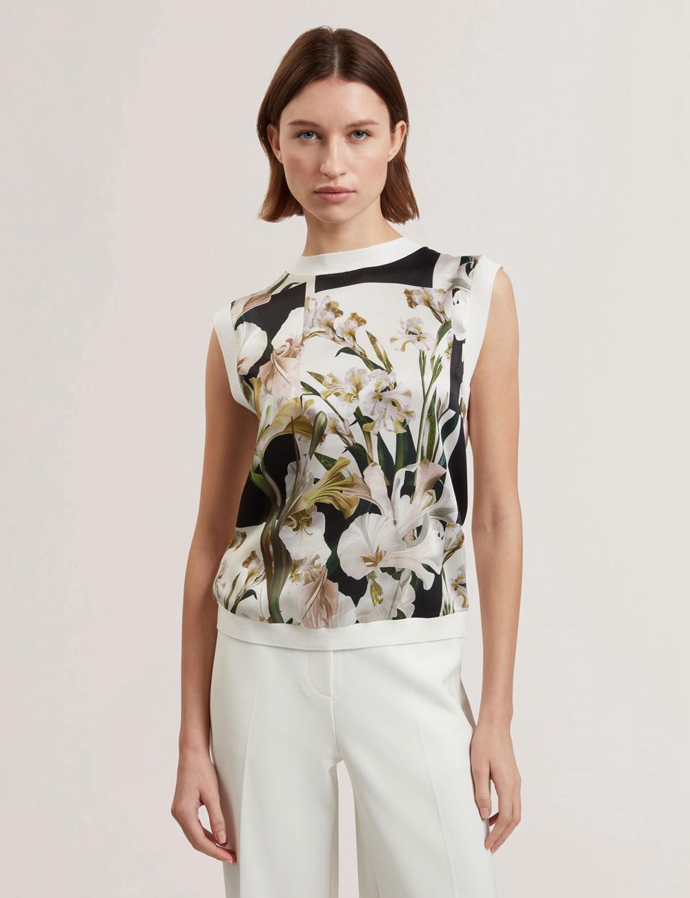 Ted Baker LIILEA - Floral Print Front Boxy Knitted Women Tops Ivory | UAE  23964-NMBK