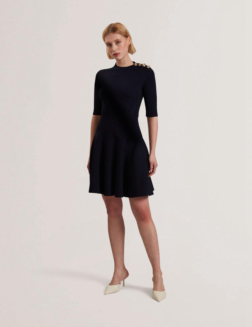 Ted Baker LILANO - Ribbed Knit Skater With Rose Buttons Women Mini Dresses Navy | UAE  73249-HKFA