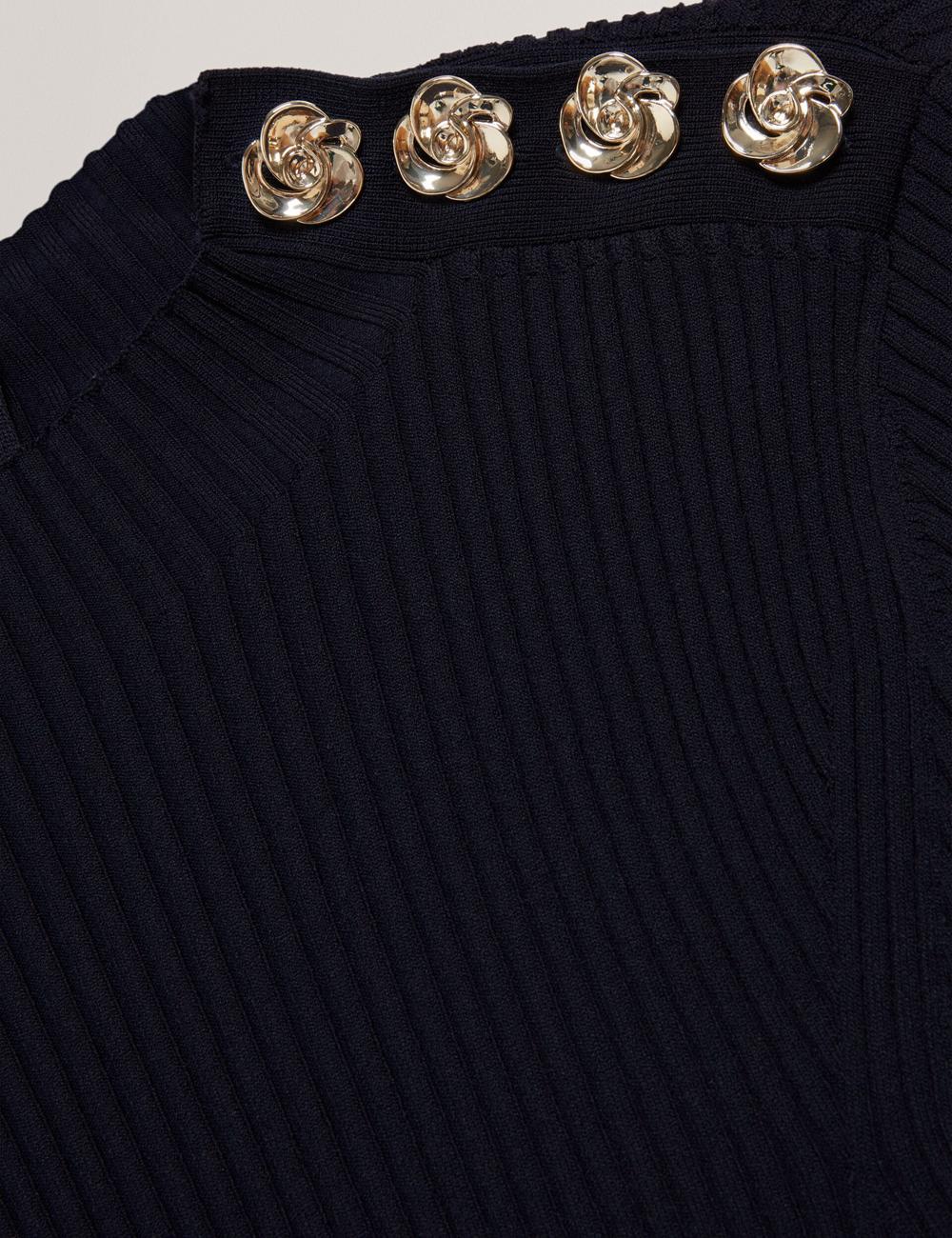 Ted Baker LILANO - Ribbed Knit Skater With Rose Buttons Women Mini Dresses Navy | UAE  73249-HKFA