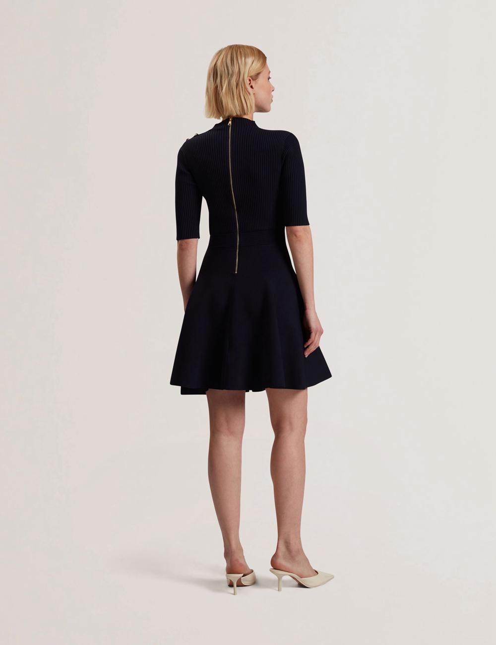Ted Baker LILANO - Ribbed Knit Skater With Rose Buttons Women Mini Dresses Navy | UAE  73249-HKFA