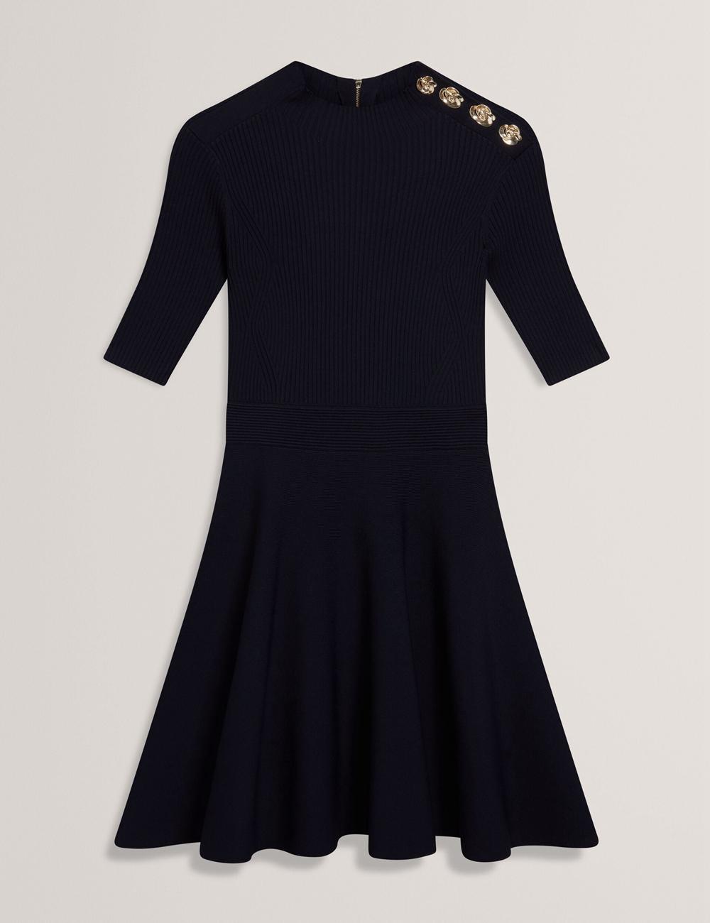 Ted Baker LILANO - Ribbed Knit Skater With Rose Buttons Women Mini Dresses Navy | UAE  73249-HKFA